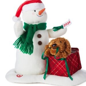 Hallmark Snowman with Green Scarf and Red Plaid Box